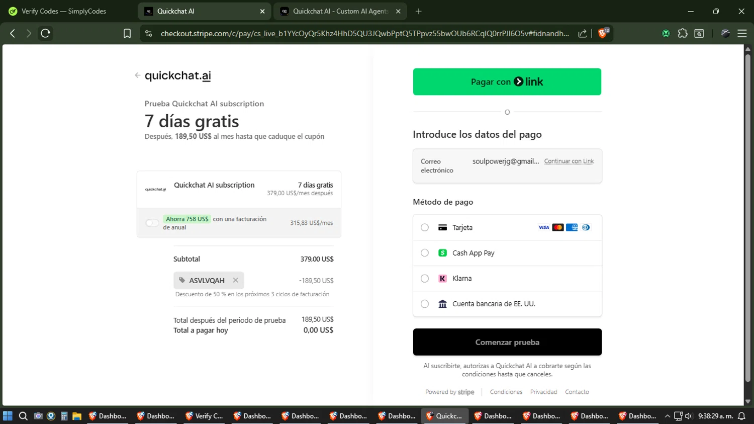 Quickchat AI checkout page showing Quickchat AI promo code box | Screenshot taken by SimplyCodes community member on Feb 6, 2026