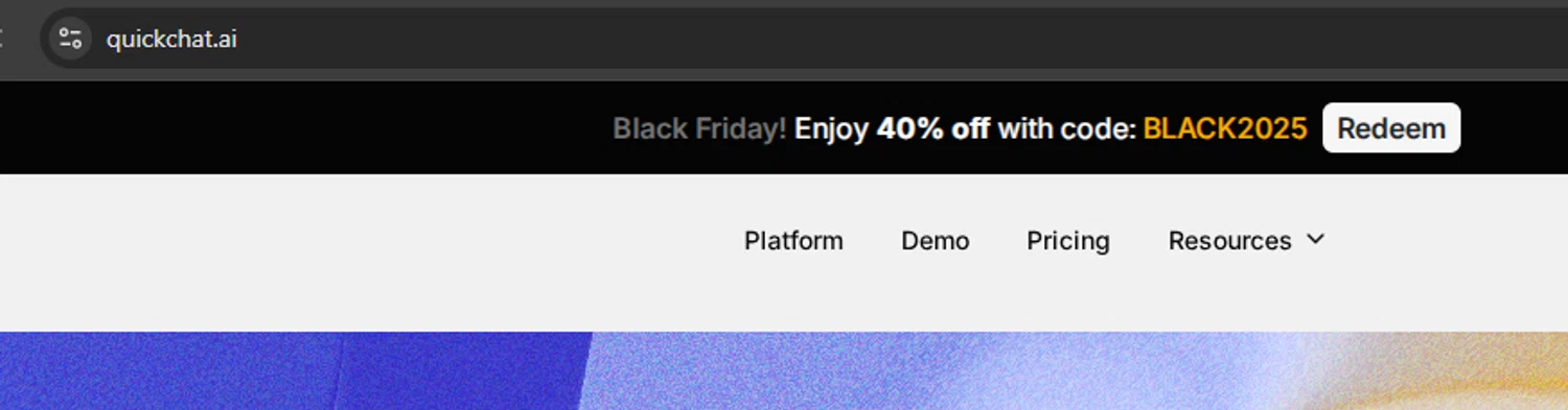 Quickchat AI promo code screenshot showing code BLACK2025 applied at Quickchat AI checkout page. Uploaded by SimplyCodes community member argenygalvez on Nov 30, 2025