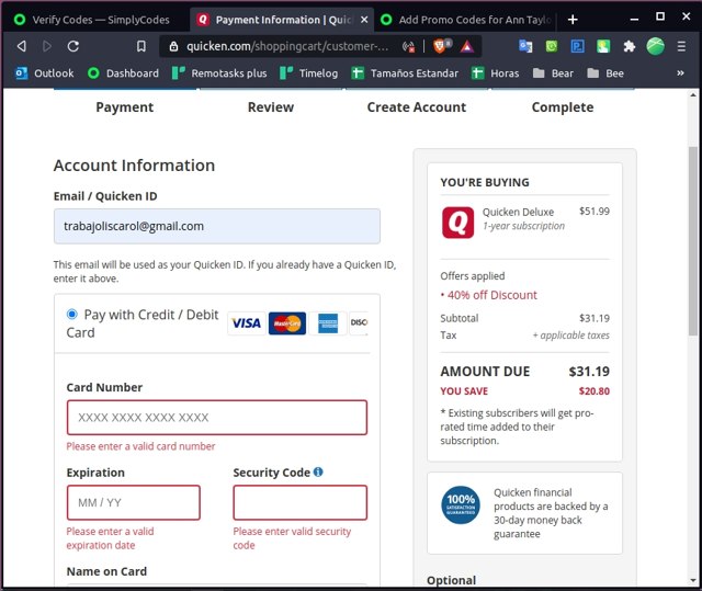 Quicken checkout page showing Quicken discount code box | Screenshot taken by SimplyCodes community member on May 20, 2021