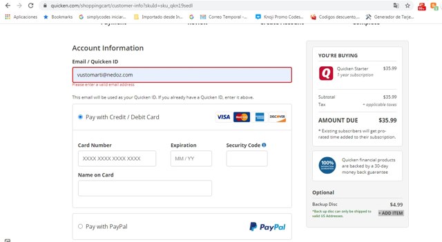 Quicken checkout page showing Quicken discount code box | Screenshot taken by SimplyCodes community member on Apr 15, 2021