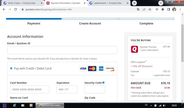 Quicken checkout page showing Quicken discount code box | Screenshot taken by SimplyCodes community member on Apr 30, 2022