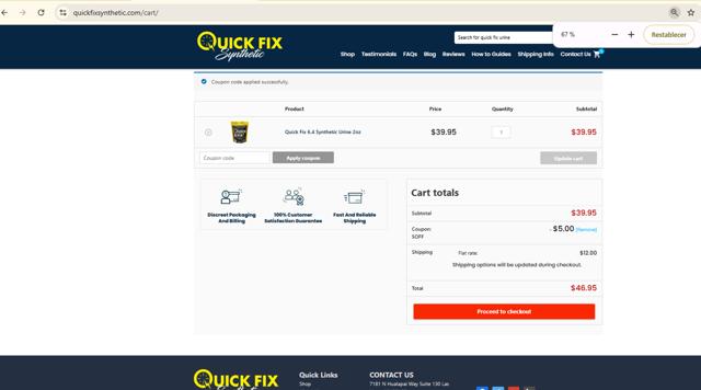 Quick Fix Synthetic checkout page showing Quick Fix Synthetic coupon code box | Screenshot taken by SimplyCodes community member on Jun 19, 2025