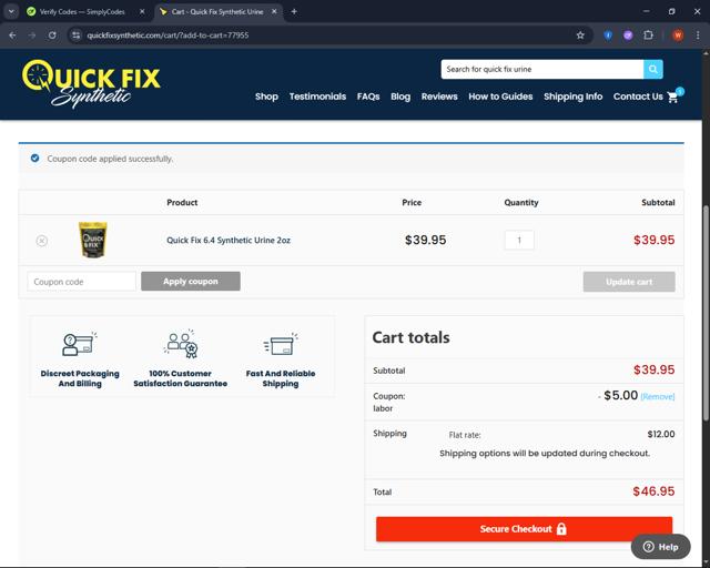 Quick Fix Synthetic checkout page showing Quick Fix Synthetic coupon code box | Screenshot taken by SimplyCodes community member on Aug 23, 2025