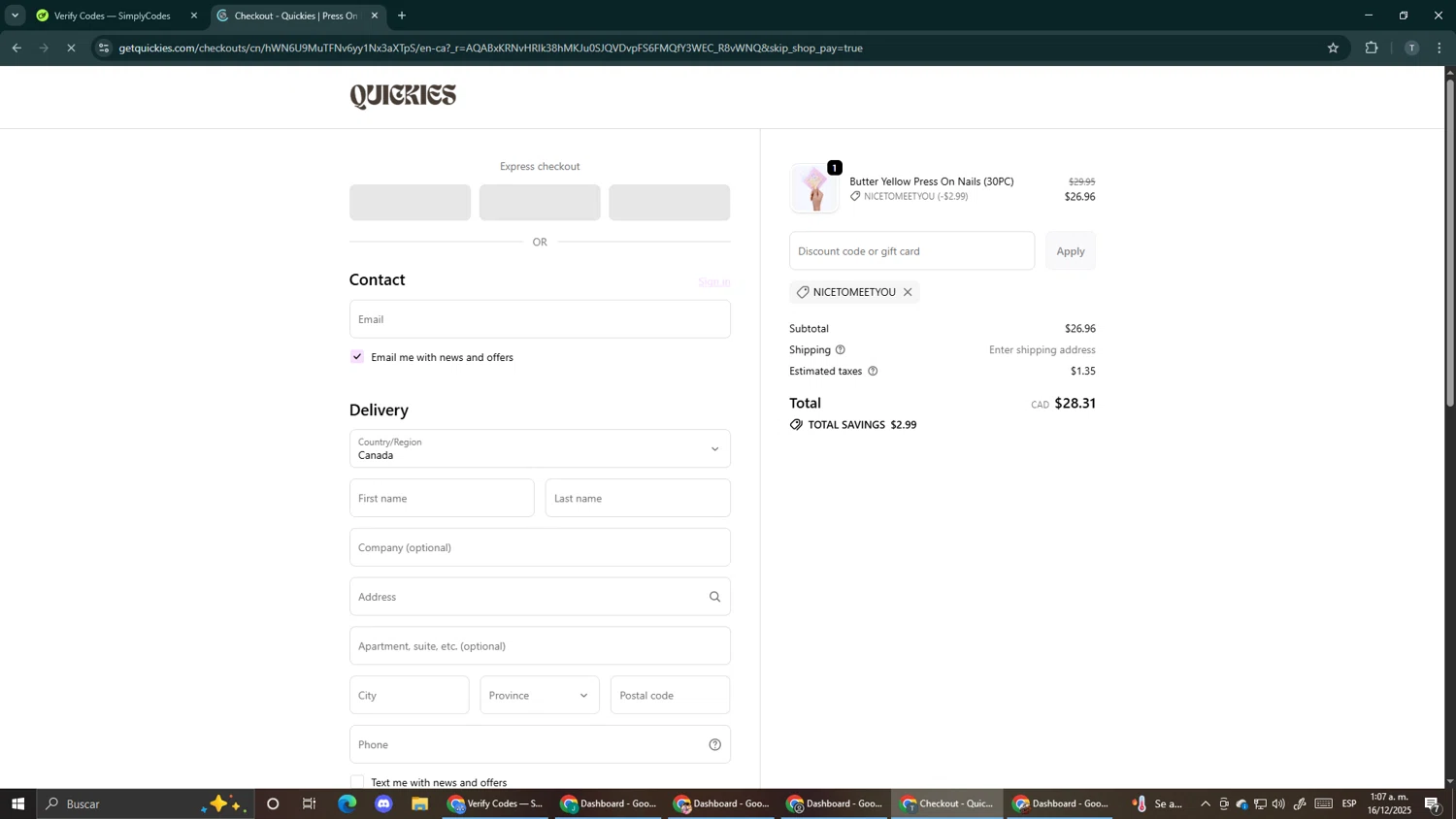 Quickies checkout page showing Quickies discount code box | Screenshot taken by SimplyCodes community member on Dec 16, 2025
