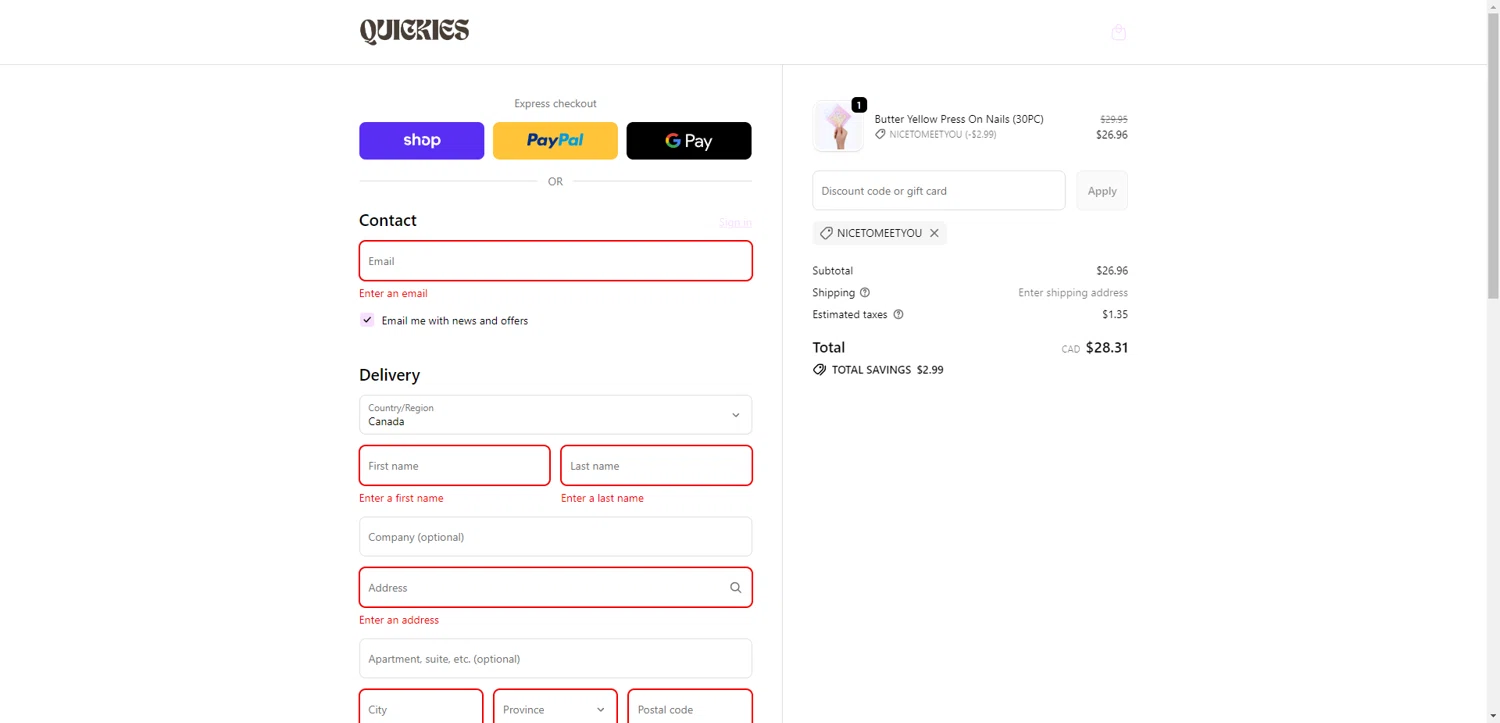 Quickies discount code screenshot showing code NICETOMEETYOU applied at Quickies checkout page. Uploaded by SimplyCodes community member PromoSeeker7158 on Dec 4, 2025