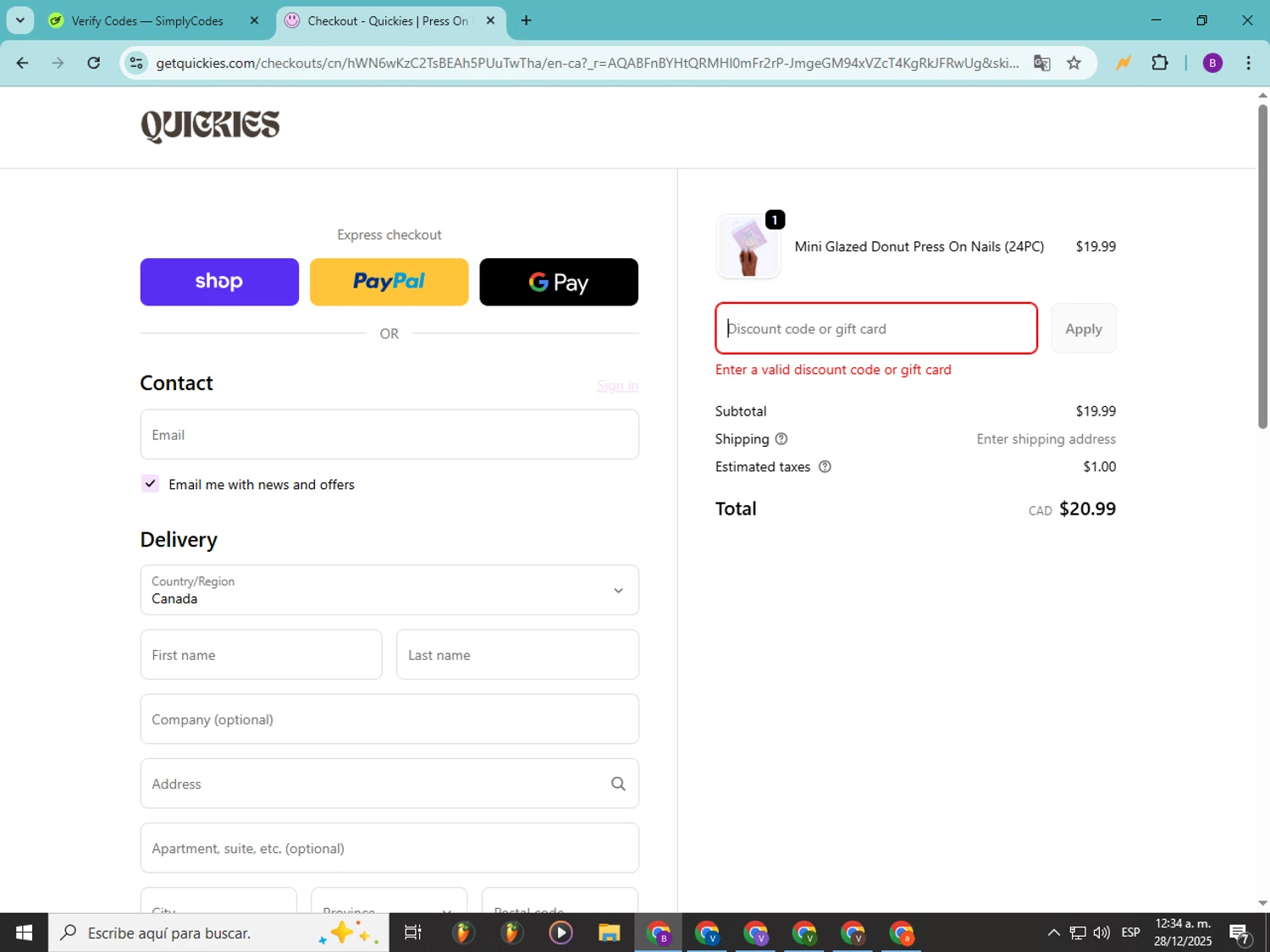 Quickies discount code screenshot showing code NICETOMEETYOU applied at Quickies checkout page. Uploaded by SimplyCodes community member Soyvictor on Dec 28, 2025