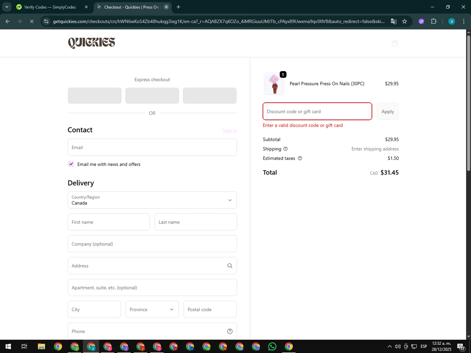 Quickies discount code screenshot showing code PAPAYAQUICKIE applied at Quickies checkout page. Uploaded by SimplyCodes community member GloriousTiger3507 on Dec 28, 2025