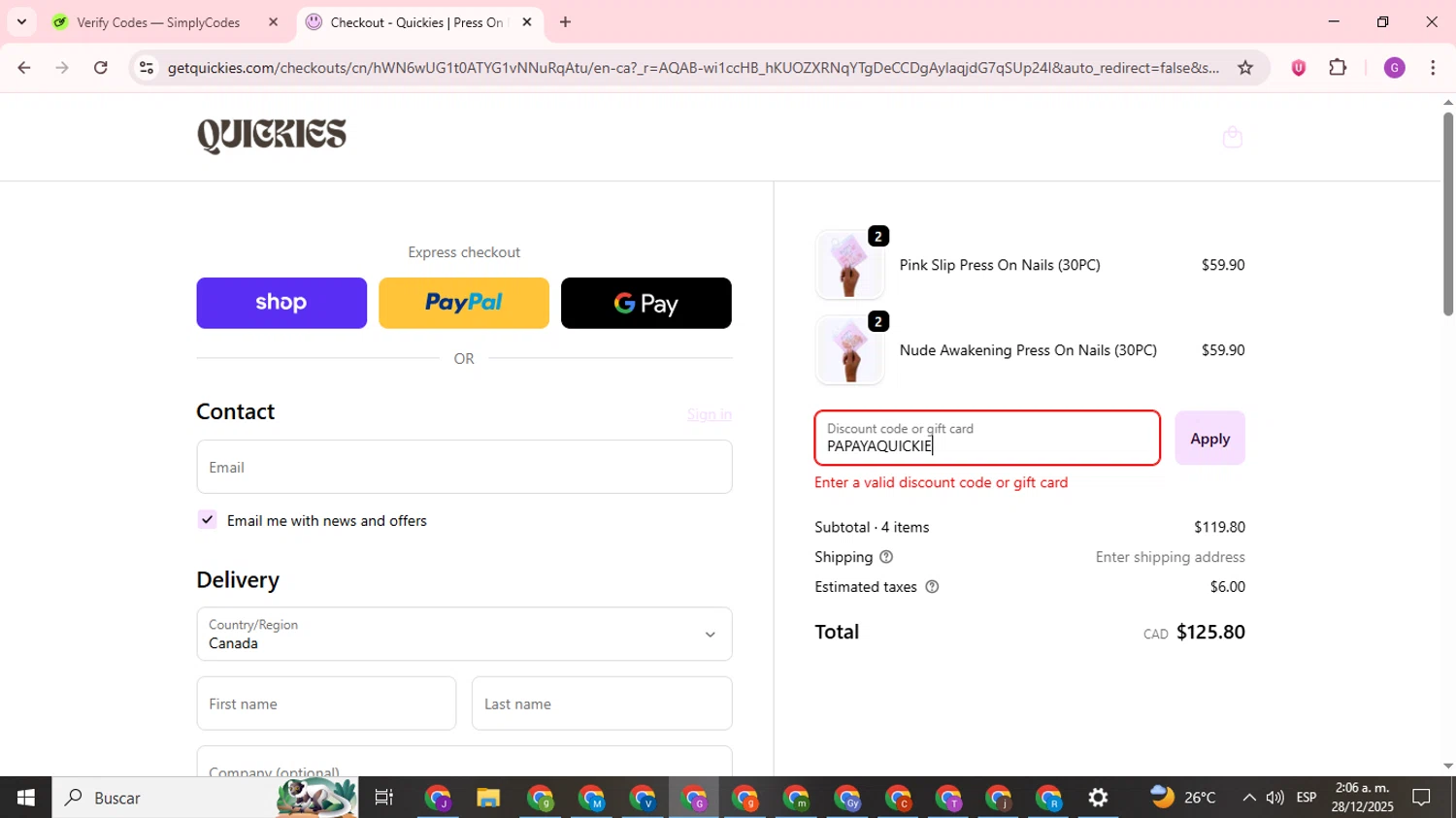 Quickies discount code screenshot showing code PAPAYAQUICKIE applied at Quickies checkout page. Uploaded by SimplyCodes community member ValuePilot6849 on Dec 28, 2025