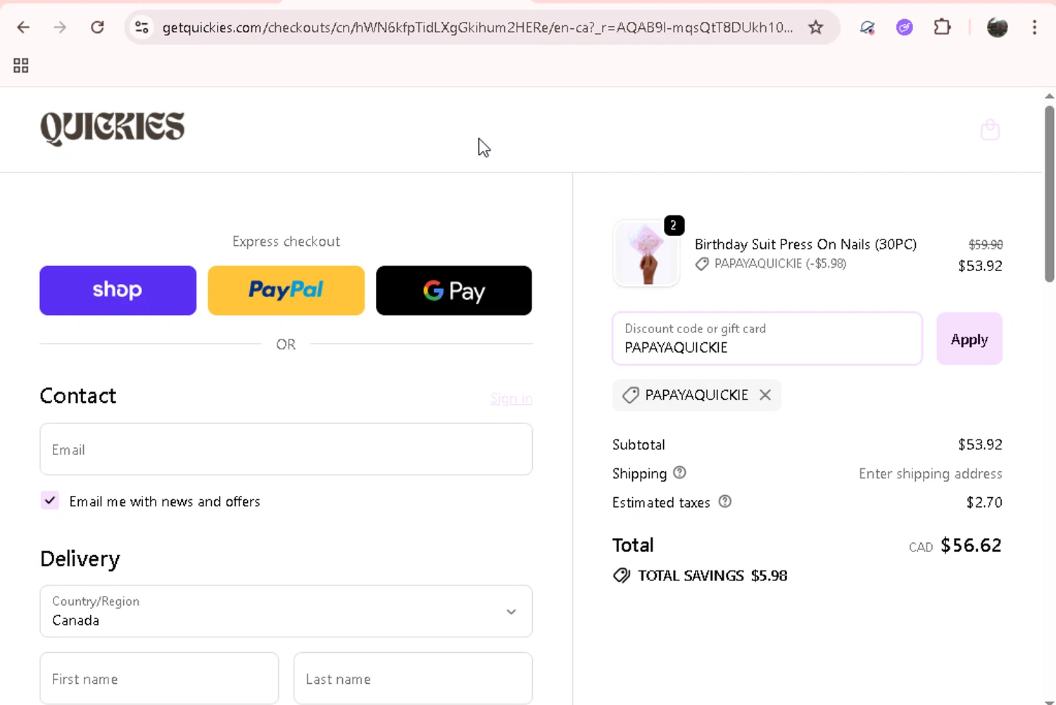 Quickies checkout page showing Quickies discount code box | Screenshot taken by SimplyCodes community member on Dec 23, 2025