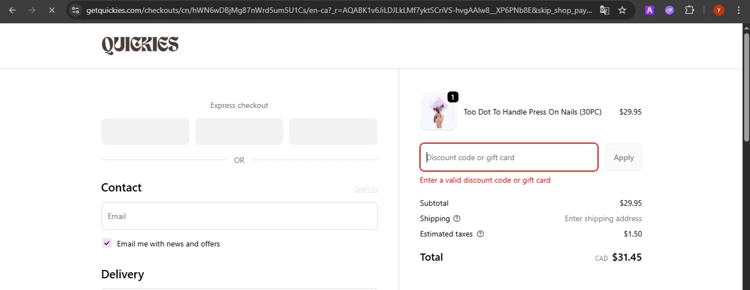 Quickies discount code screenshot showing code JACCI15 applied at Quickies checkout page. Uploaded by SimplyCodes community member CrownTiger7501 on Dec 28, 2025