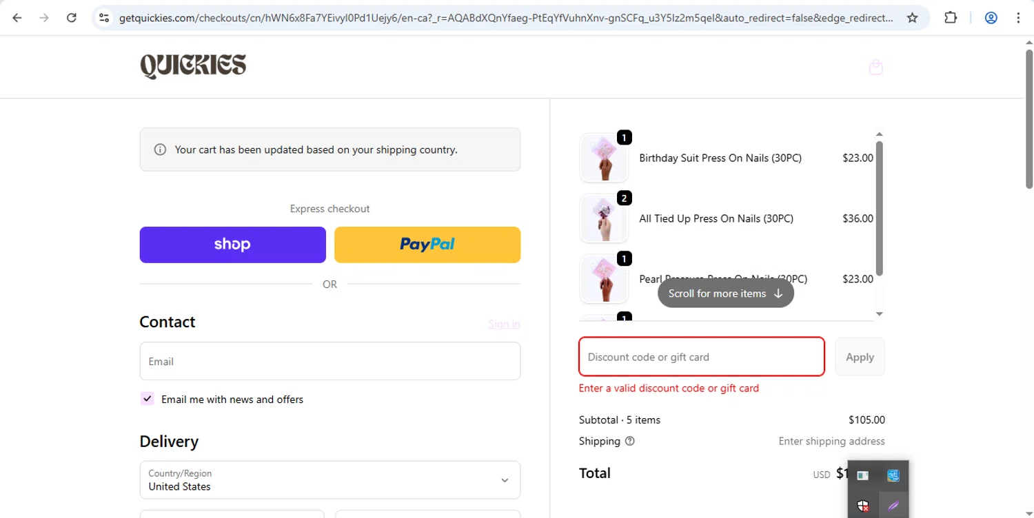 Quickies discount code screenshot showing code JACCI15 applied at Quickies checkout page. Uploaded by SimplyCodes community member Mr_fran on Dec 28, 2025