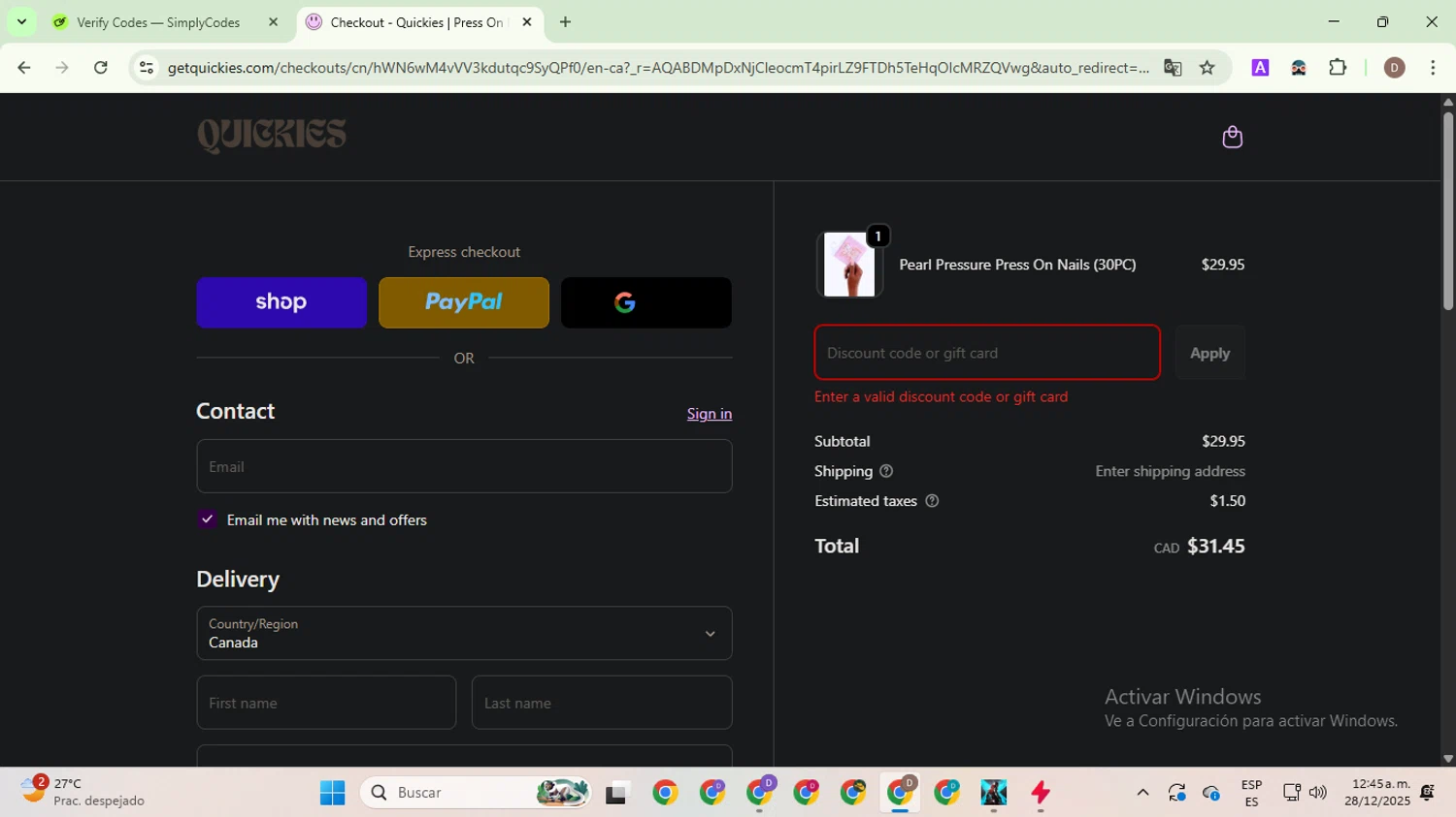 Quickies discount code screenshot showing code JACCI15 applied at Quickies checkout page. Uploaded by SimplyCodes community member NobleWarden6764 on Dec 28, 2025