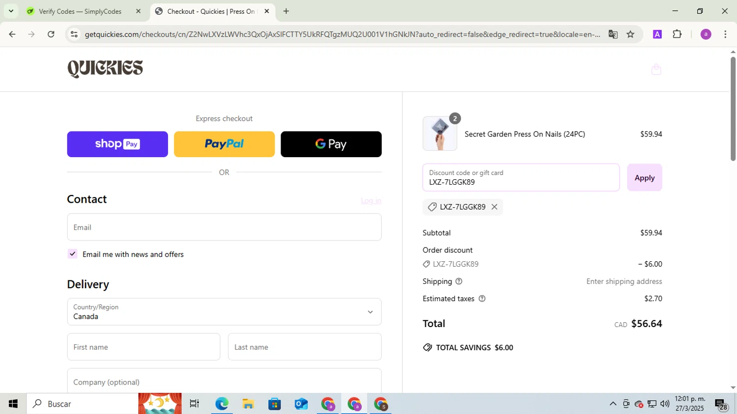 Quickies discount code screenshot showing code LXZ-7LGGK89 applied at Quickies checkout page. Uploaded by SimplyCodes community member ExtraordinaryExpert1730 on Mar 27, 2025