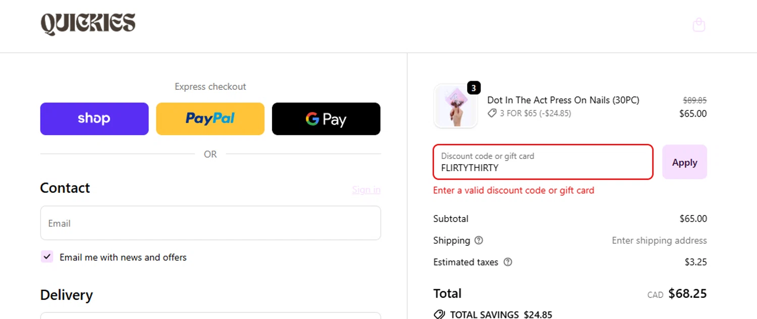 Quickies discount code screenshot showing code FLIRTYTHIRTY applied at Quickies checkout page. Uploaded by SimplyCodes community member Garengod on Sep 24, 2025