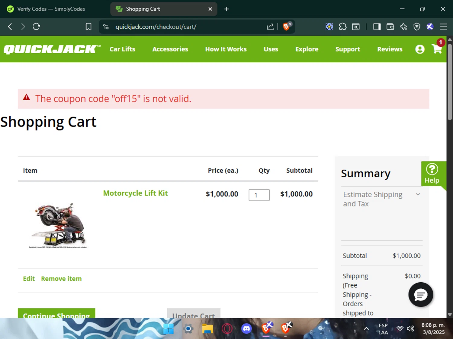 QuickJack promo code screenshot showing code off15 applied at QuickJack checkout page. Uploaded by SimplyCodes community member Mafer69 on Aug 4, 2025