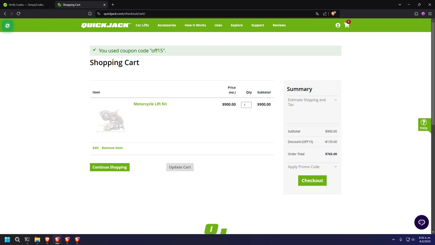 QuickJack checkout page showing QuickJack promo code box | Screenshot taken by SimplyCodes community member on Feb 6, 2025
