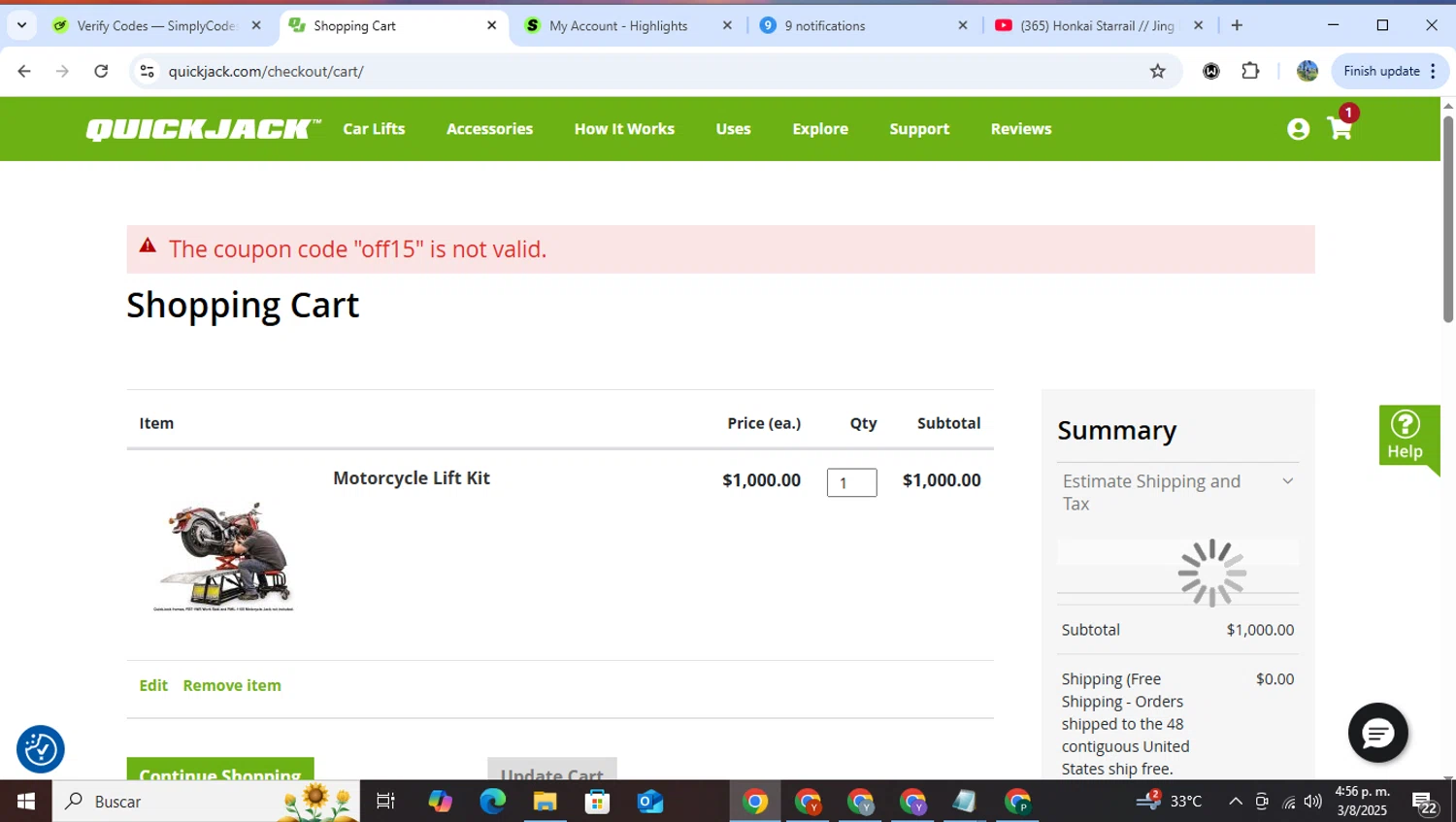 QuickJack promo code screenshot showing code off15 applied at QuickJack checkout page. Uploaded by SimplyCodes community member RoyalHero6815 on Aug 3, 2025