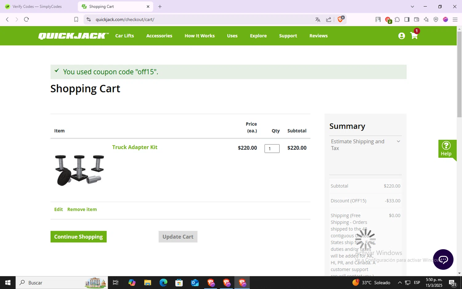 QuickJack checkout page showing QuickJack promo code box | Screenshot taken by SimplyCodes community member on Mar 15, 2025