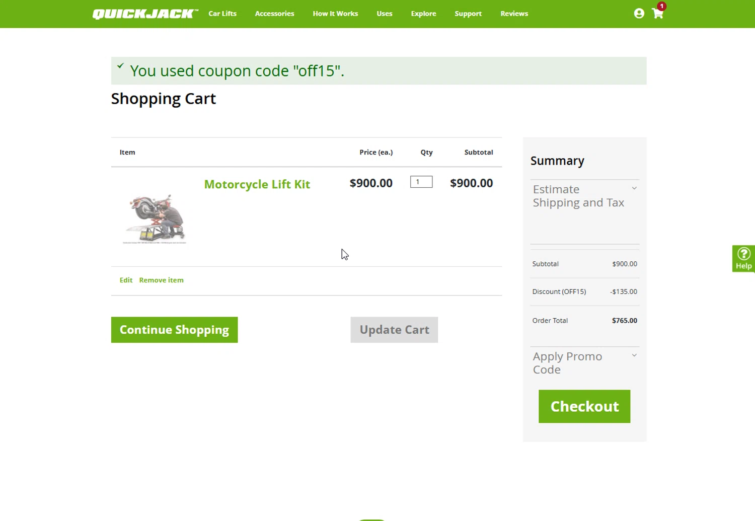 QuickJack checkout page showing QuickJack promo code box | Screenshot taken by SimplyCodes community member on Apr 13, 2025