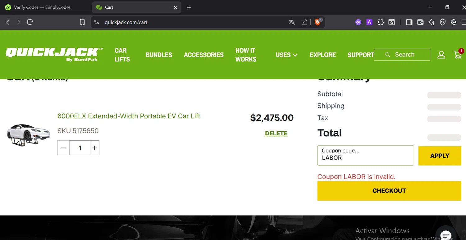 QuickJack promo code screenshot showing code LABOR applied at QuickJack checkout page. Uploaded by SimplyCodes community member DiaCritics on Sep 6, 2025