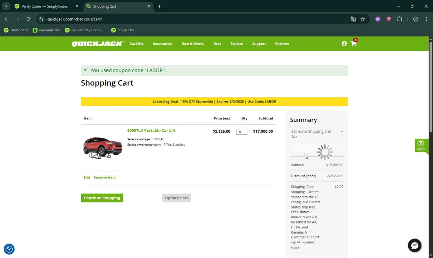 QuickJack checkout page showing QuickJack promo code box | Screenshot taken by SimplyCodes community member on Aug 27, 2025