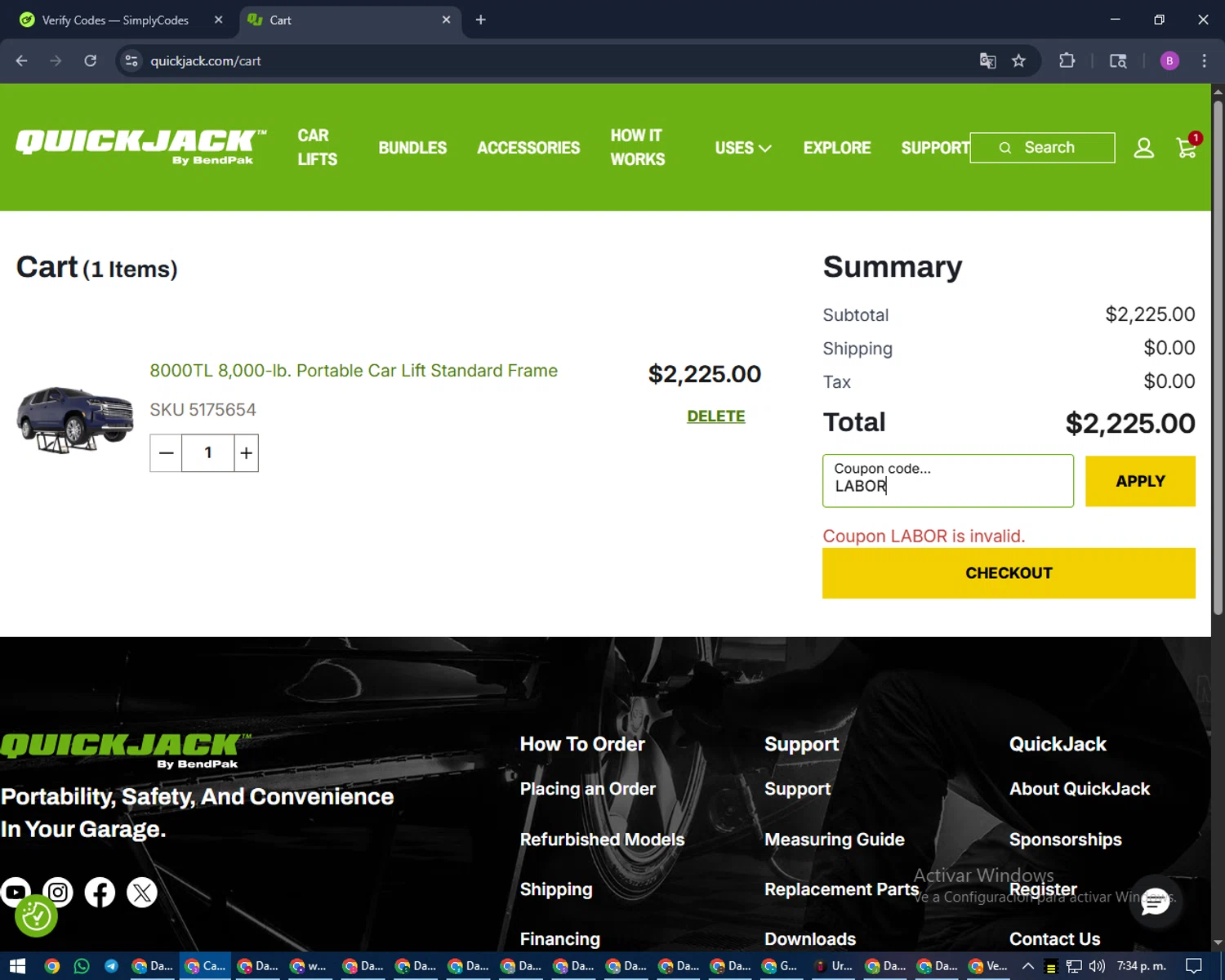QuickJack promo code screenshot showing code LABOR applied at QuickJack checkout page. Uploaded by SimplyCodes community member travisscott on Sep 6, 2025