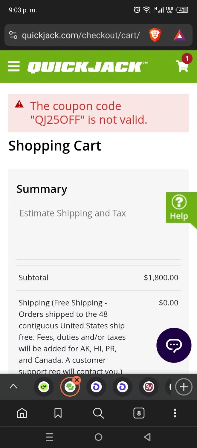 QuickJack promo code screenshot showing code QJ25OFF applied at QuickJack checkout page. Uploaded by SimplyCodes community member FrugalSpotter7217 on Mar 3, 2025
