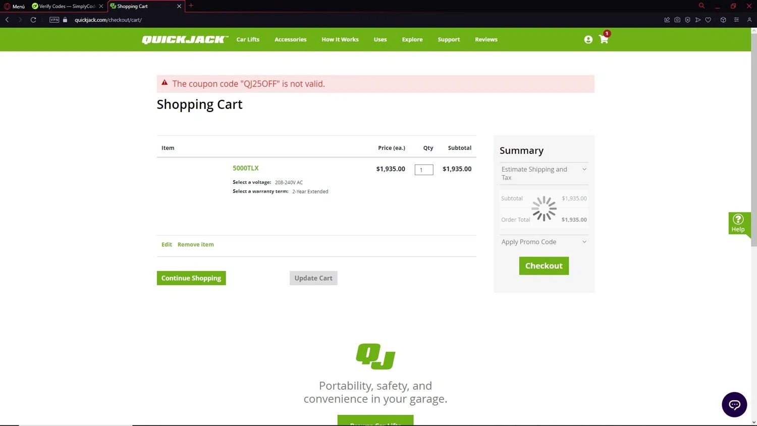 QuickJack promo code screenshot showing code QJ25OFF applied at QuickJack checkout page. Uploaded by SimplyCodes community member LegendarySeeker3956 on Mar 3, 2025