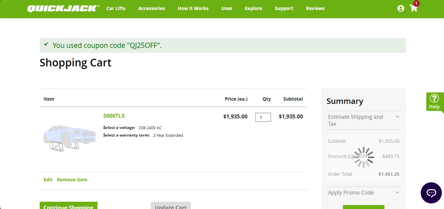 QuickJack checkout page showing QuickJack promo code box | Screenshot taken by SimplyCodes community member on Feb 25, 2025