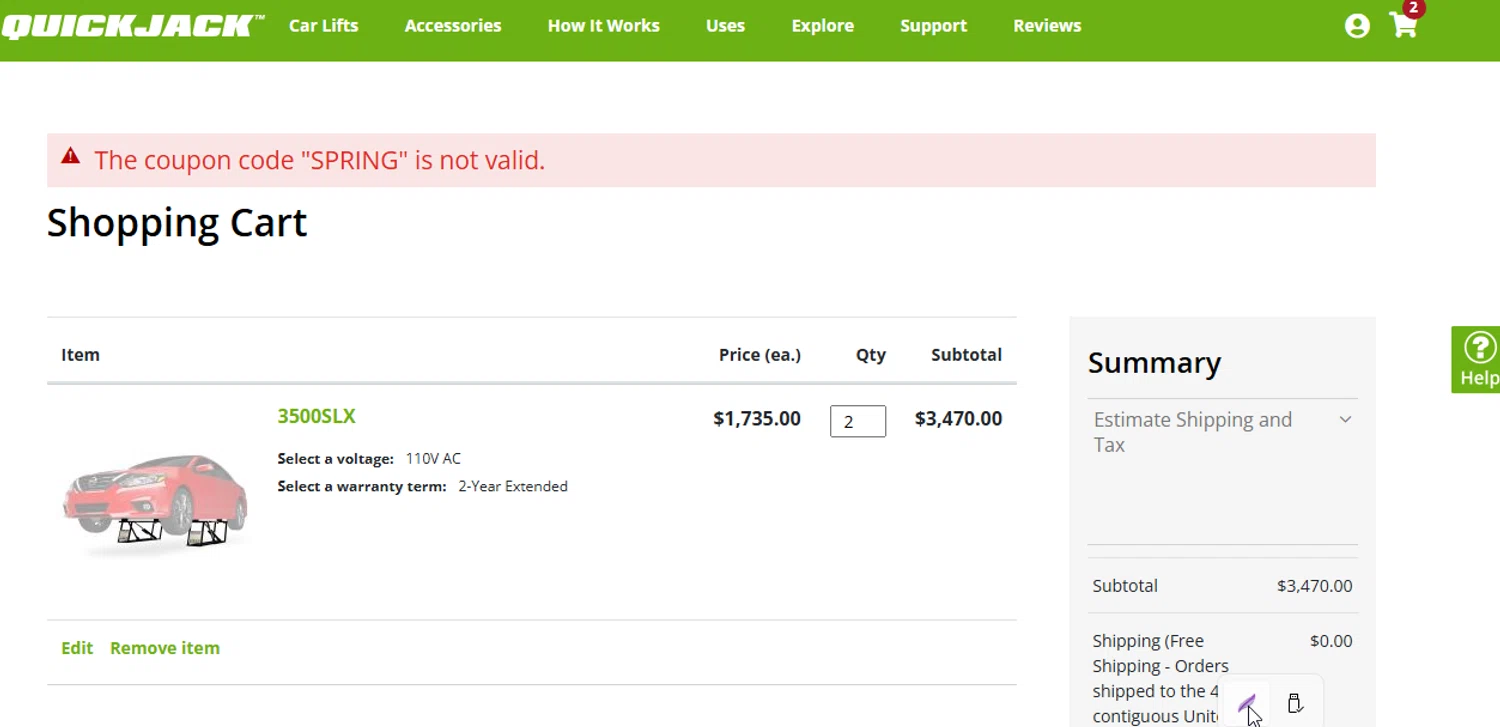 QuickJack promo code screenshot showing code SPRING applied at QuickJack checkout page. Uploaded by SimplyCodes community member Princesasofia on Mar 30, 2025