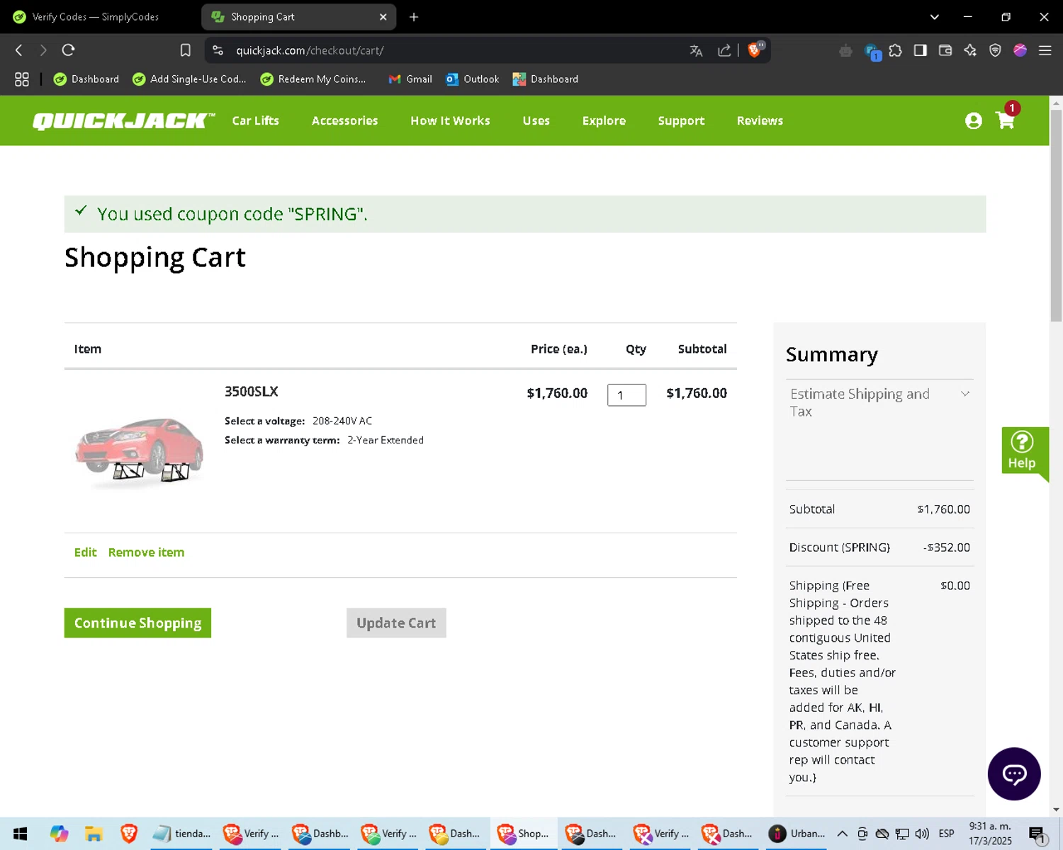 QuickJack checkout page showing QuickJack promo code box | Screenshot taken by SimplyCodes community member on Mar 17, 2025