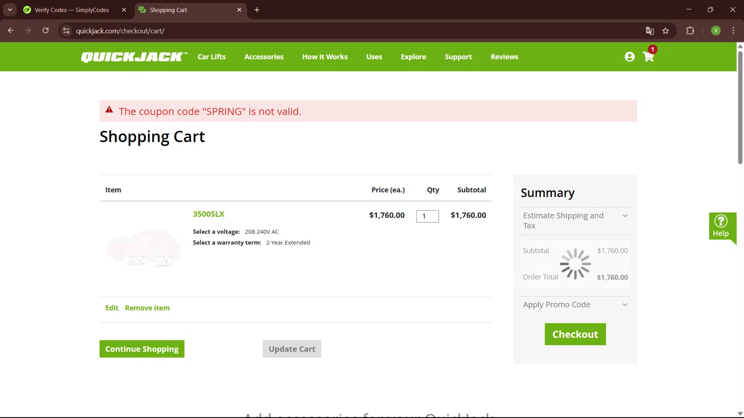 QuickJack promo code screenshot showing code SPRING applied at QuickJack checkout page. Uploaded by SimplyCodes community member SaleTiger1087 on Mar 30, 2025