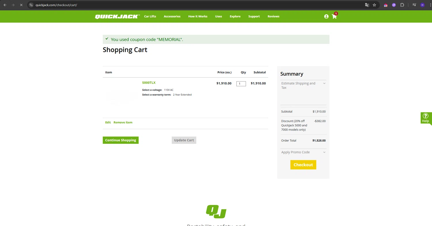 QuickJack checkout page showing QuickJack promo code box | Screenshot taken by SimplyCodes community member on May 23, 2025