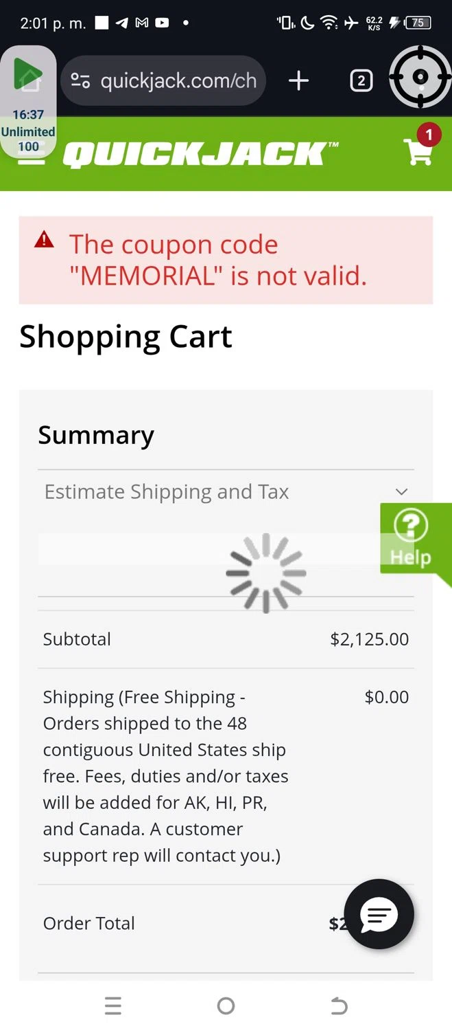 QuickJack promo code screenshot showing code MEMORIAL applied at QuickJack checkout page. Uploaded by SimplyCodes community member ValueSage7369 on Jun 5, 2025