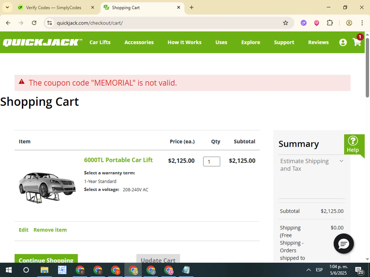 QuickJack promo code screenshot showing code MEMORIAL applied at QuickJack checkout page. Uploaded by SimplyCodes community member VictorL on Jun 5, 2025