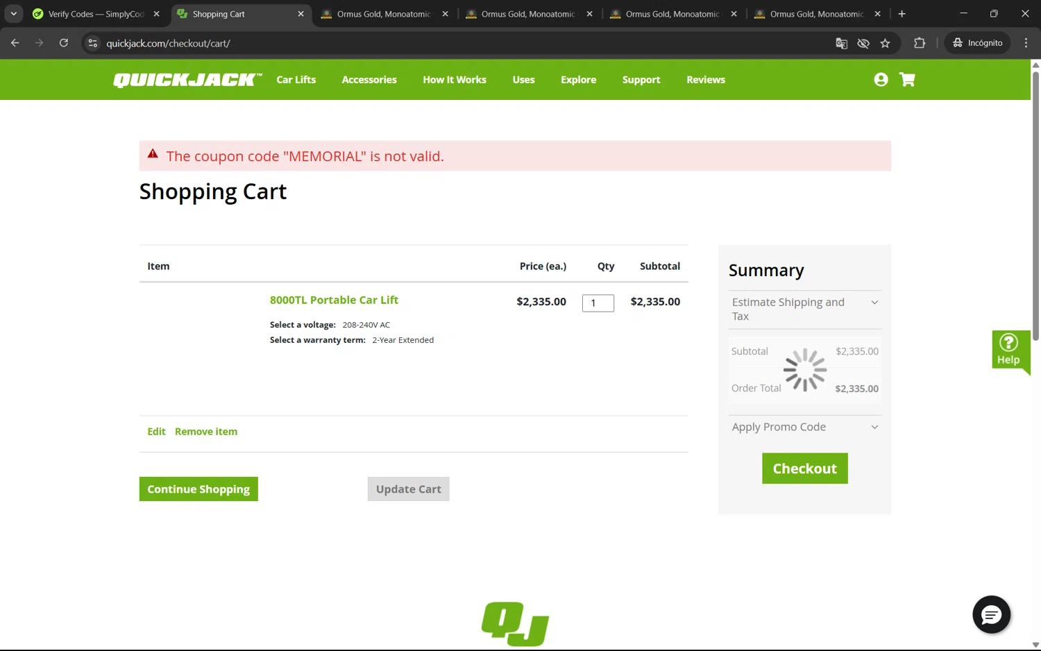 QuickJack promo code screenshot showing code MEMORIAL applied at QuickJack checkout page. Uploaded by SimplyCodes community member juan1702 on Jun 5, 2025