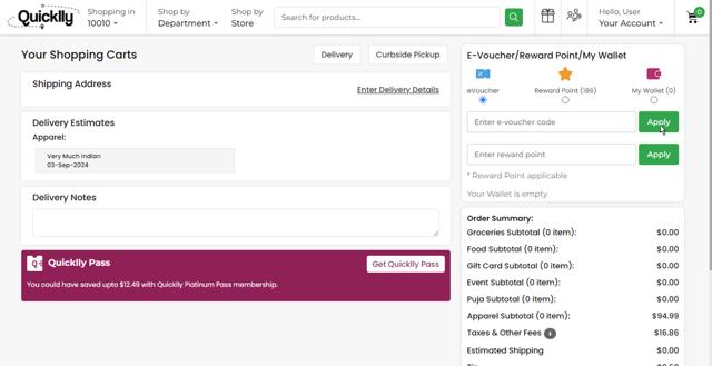 Quicklly checkout page showing Quicklly coupon code box | Screenshot taken by SimplyCodes community member on Aug 25, 2024