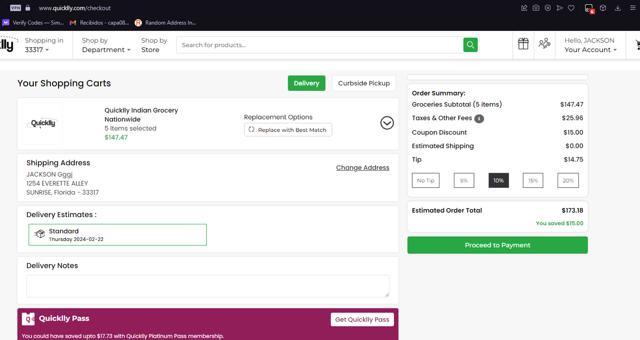 Quicklly checkout page showing Quicklly coupon code box | Screenshot taken by SimplyCodes community member on Feb 17, 2024