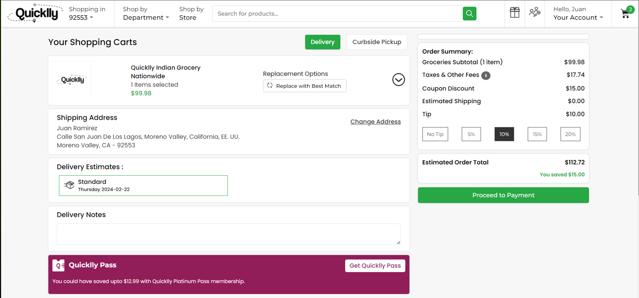 Quicklly checkout page showing Quicklly coupon code box | Screenshot taken by SimplyCodes community member on Feb 19, 2024