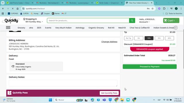 Quicklly checkout page showing Quicklly coupon code box | Screenshot taken by SimplyCodes community member on Aug 27, 2025