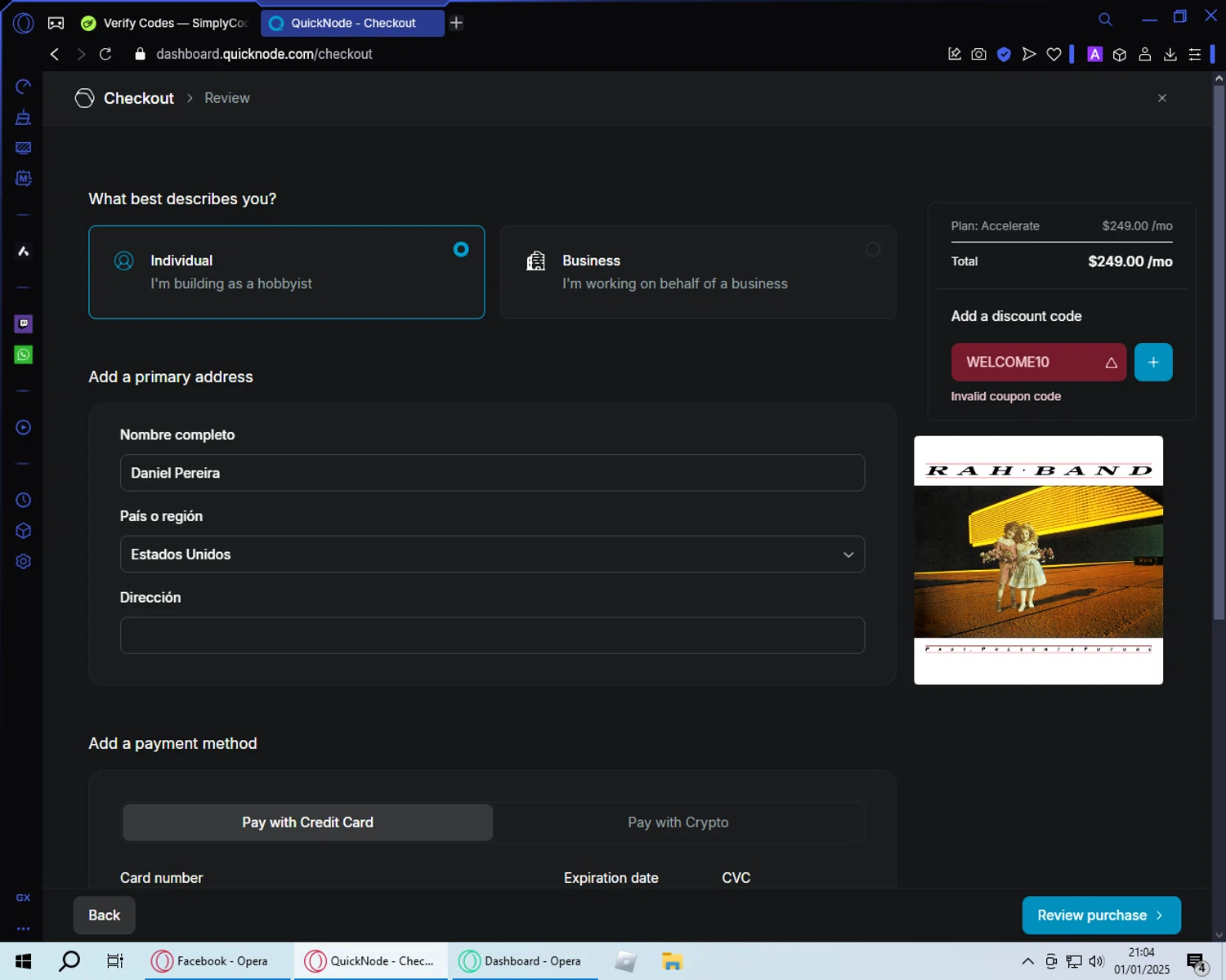 QuickNode coupon code screenshot showing code WELCOME10 applied at QuickNode checkout page. Uploaded by SimplyCodes community member Luthermaxu on Jan 2, 2025