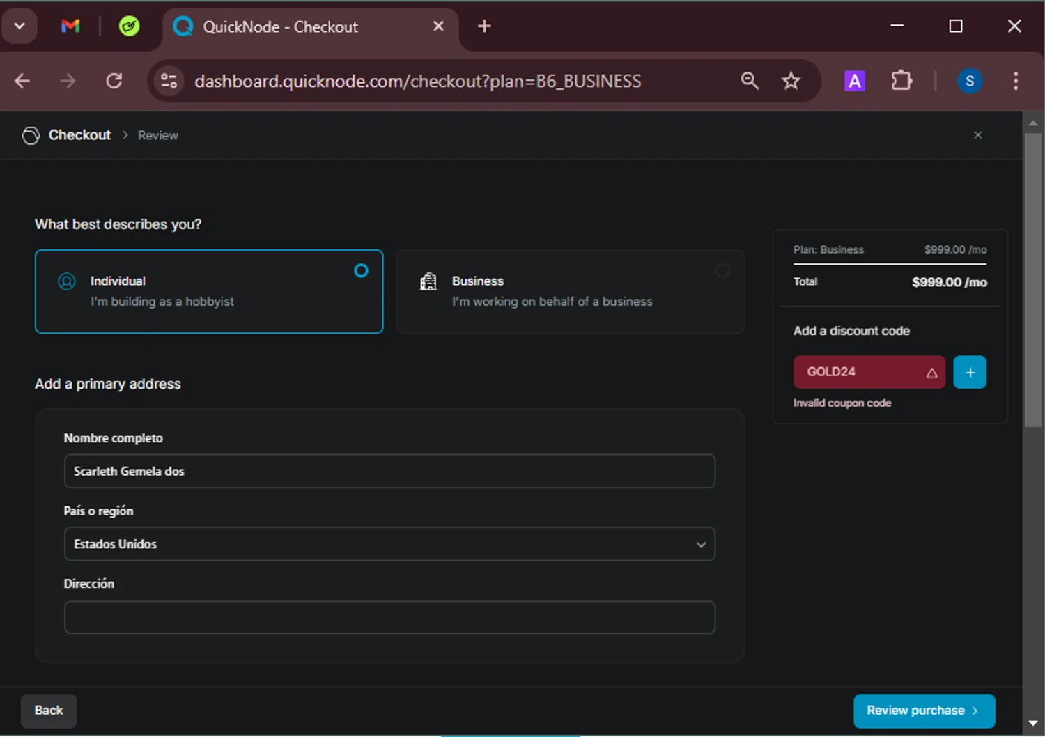 QuickNode coupon code screenshot showing code GOLD24 applied at QuickNode checkout page. Uploaded by SimplyCodes community member BrandoJose1 on Feb 26, 2025