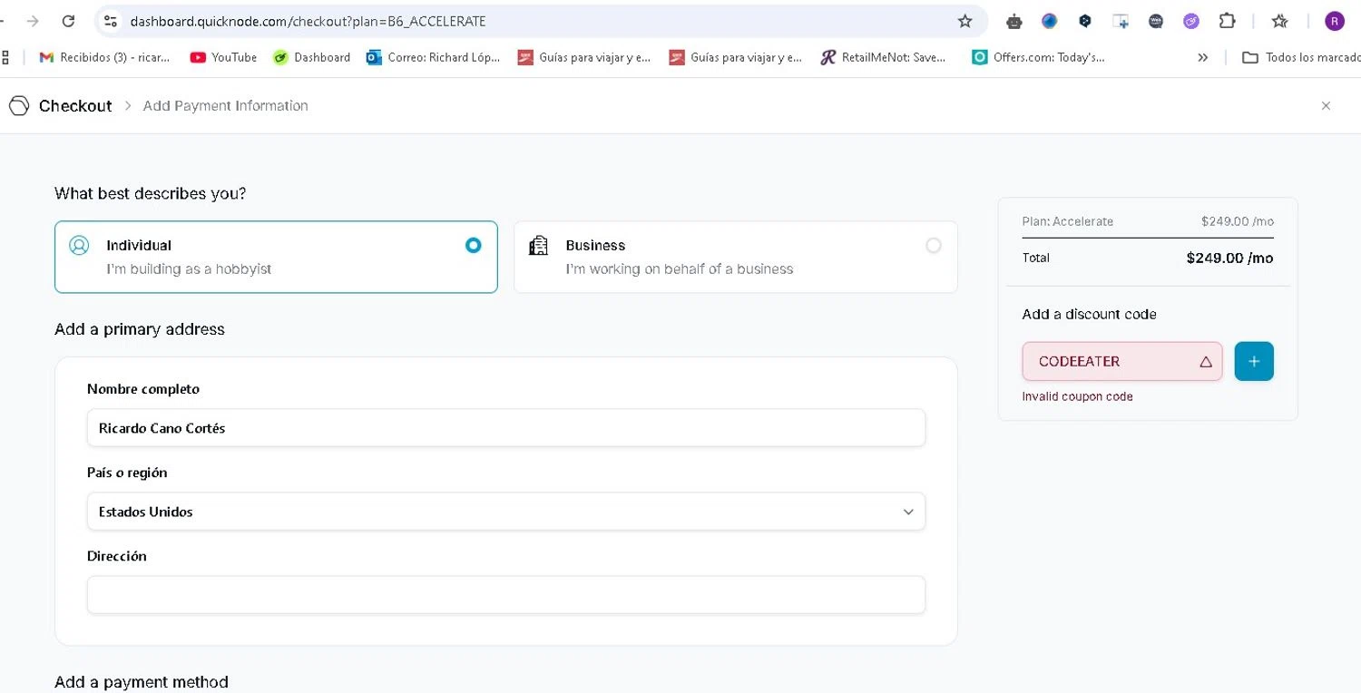 QuickNode coupon code screenshot showing code CODEEATER applied at QuickNode checkout page. Uploaded by SimplyCodes community member LAMINEJAMAL on Apr 20, 2025