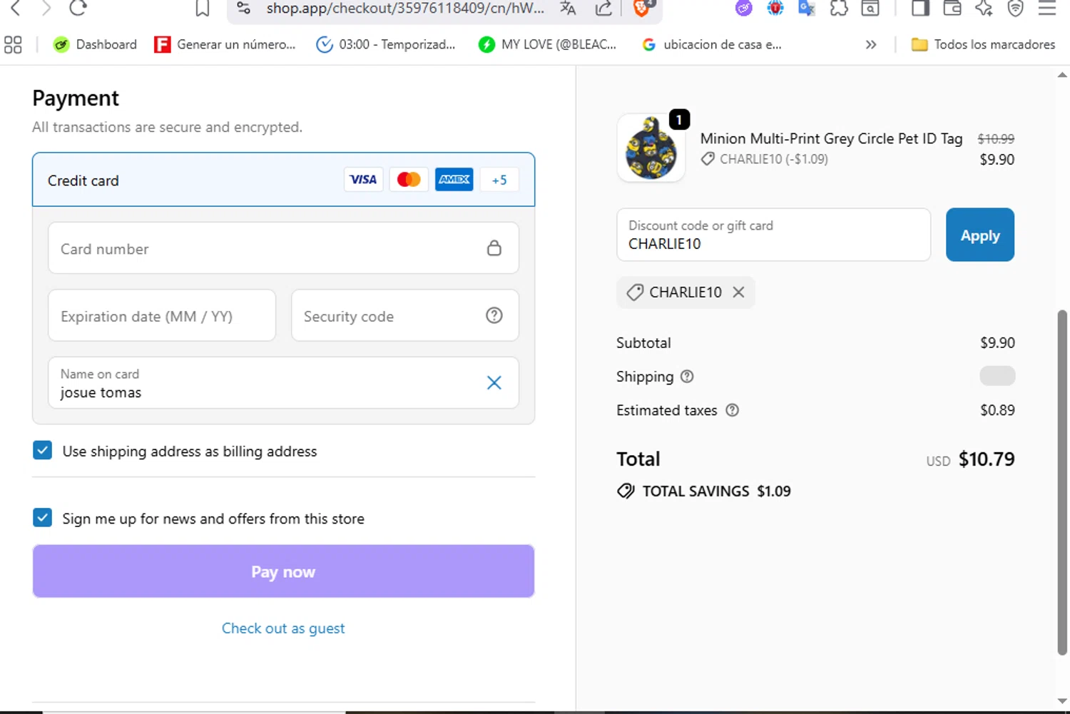 Quick-Tag coupon code screenshot showing code CHARLIE10 applied at Quick-Tag checkout page. Uploaded by SimplyCodes community member VoucherFalcon3942 on Sep 21, 2025