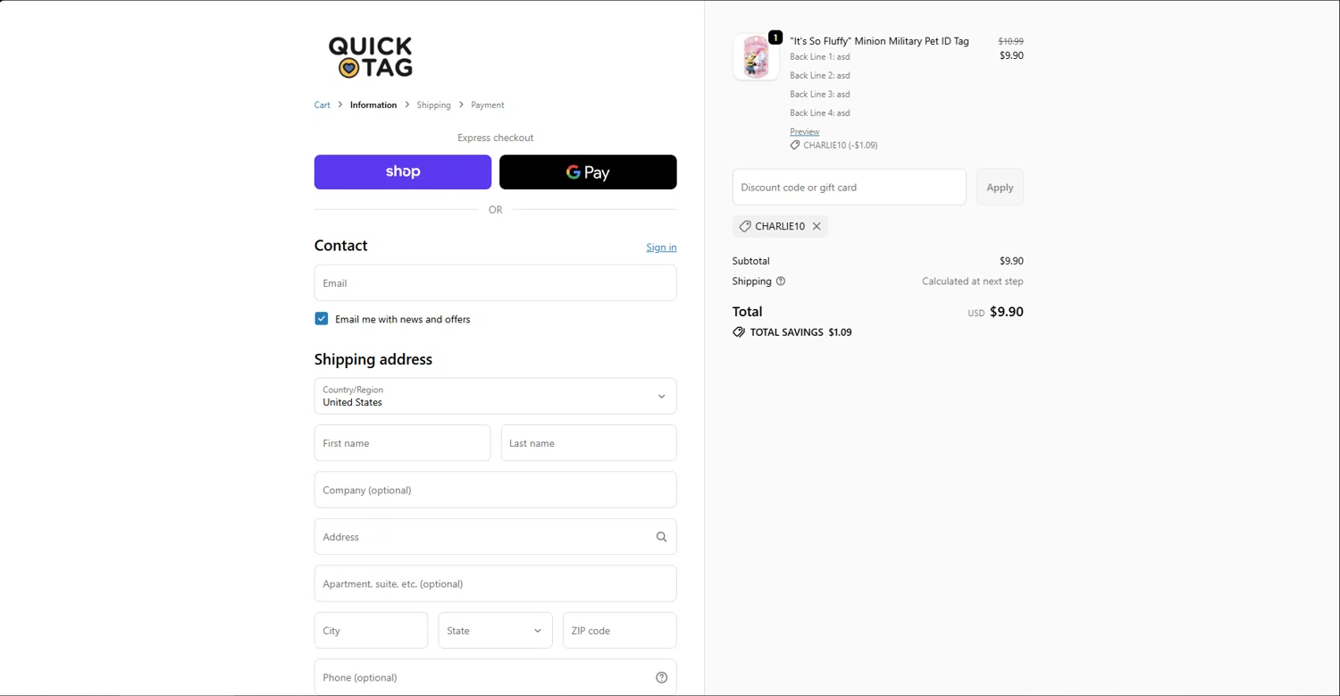 Quick-Tag coupon code screenshot showing code CHARLIE10 applied at Quick-Tag checkout page. Uploaded by SimplyCodes community member brrrrr on Nov 30, 2025