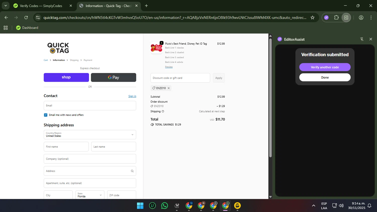 Quick-Tag coupon code screenshot showing code Enzo10 applied at Quick-Tag checkout page. Uploaded by SimplyCodes community member Sungjinwoo on Nov 30, 2025