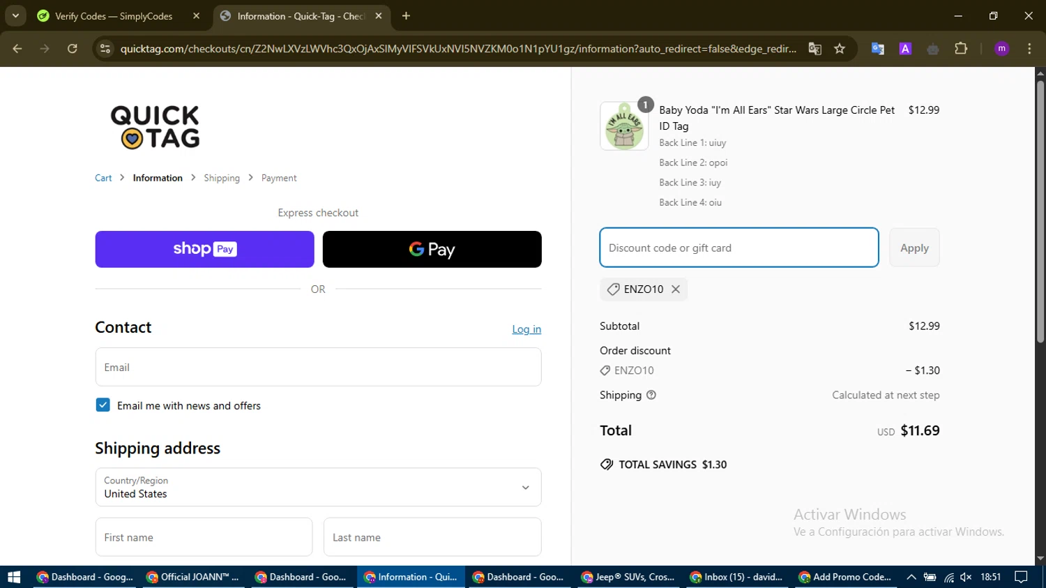 Quick-Tag coupon code screenshot showing code Enzo10 applied at Quick-Tag checkout page. Uploaded by SimplyCodes community member WonderHawk4272 on Apr 17, 2025
