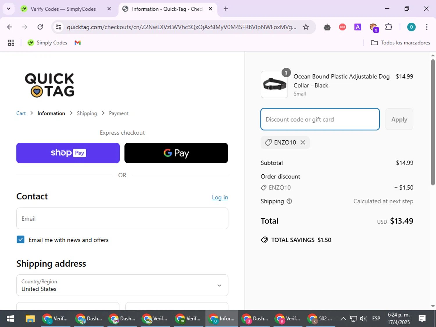 Quick-Tag coupon code screenshot showing code Enzo10 applied at Quick-Tag checkout page. Uploaded by SimplyCodes community member BudgetSeeker9524 on Apr 17, 2025