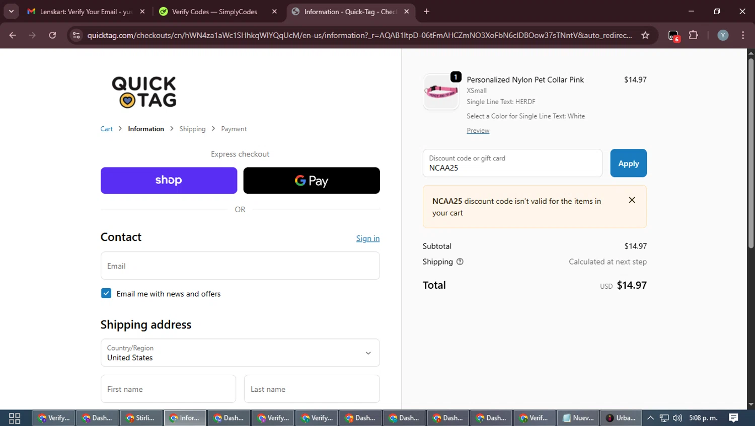 Quick-Tag coupon code screenshot showing code NCAA25 applied at Quick-Tag checkout page. Uploaded by SimplyCodes community member MoneyTiger5162 on Nov 6, 2025