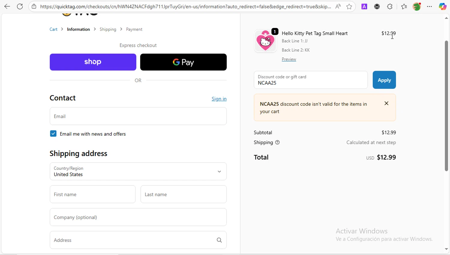 Quick-Tag coupon code screenshot showing code NCAA25 applied at Quick-Tag checkout page. Uploaded by SimplyCodes community member PrincessCoupon on Oct 26, 2025